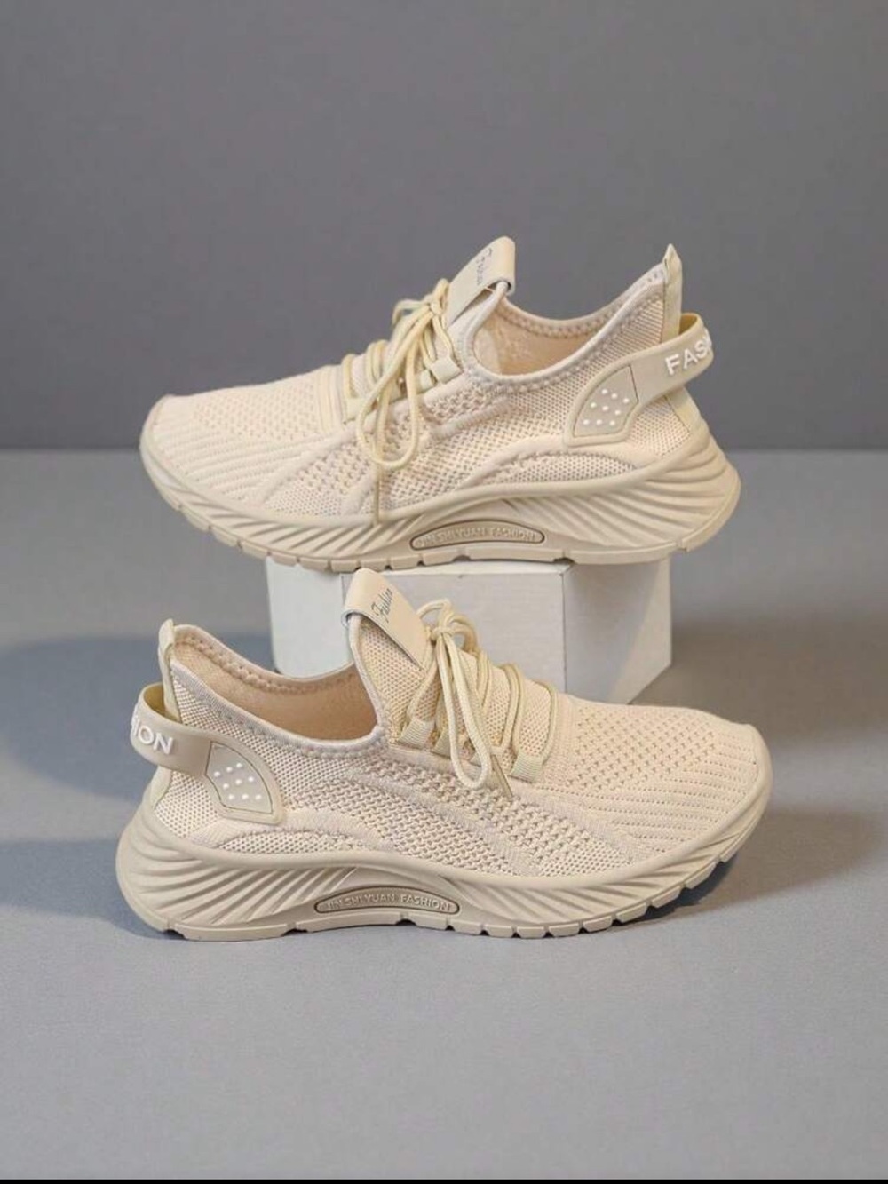 Women’s Beige Knit Lace-Up Fashion Sneakers
